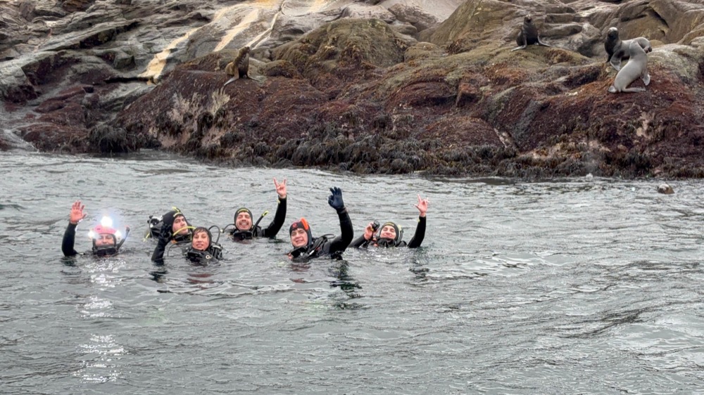 Estudiantes de buceo PADI con Rodrigo Díaz en la costa de Hualpén